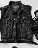 Multi-Pocket Metal Semi Crop Sleeveless Denim Jacket