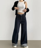 Non-Fade Raw Roll-Up Embroidery Detail Wide Fit Denim Pants