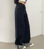 Non-Fade Raw Roll-Up Embroidery Detail Wide Fit Denim Pants
