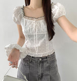 [Scrunchie Set] Dot Color Matching Lace Dot Pattern Puff Short Sleeve Blouse