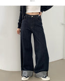 Non-Fade Raw Roll-Up Embroidery Detail Wide Fit Denim Pants