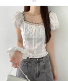 [Scrunchie Set] Dot Color Matching Lace Dot Pattern Puff Short Sleeve Blouse