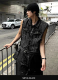 Multi-Pocket Metal Semi Crop Sleeveless Denim Jacket