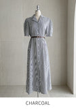 Mayning Collar Puff Stripe Shirt One Piece (Belt Set)