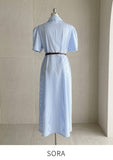 Mayning Collar Puff Stripe Shirt One Piece (Belt Set)