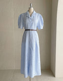 Mayning Collar Puff Stripe Shirt One Piece (Belt Set)