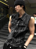 Multi-Pocket Metal Semi Crop Sleeveless Denim Jacket