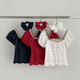 [Scrunchie Set] Dot Color Matching Lace Dot Pattern Puff Short Sleeve Blouse