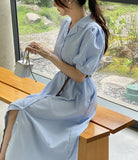 Mayning Collar Puff Stripe Shirt One Piece (Belt Set)