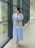 Mayning Collar Puff Stripe Shirt One Piece (Belt Set)