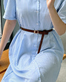 Mayning Collar Puff Stripe Shirt One Piece (Belt Set)