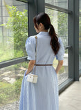 Mayning Collar Puff Stripe Shirt One Piece (Belt Set)