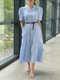 Mayning Collar Puff Stripe Shirt One Piece (Belt Set)