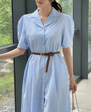 Mayning Collar Puff Stripe Shirt One Piece (Belt Set)