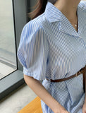 Mayning Collar Puff Stripe Shirt One Piece (Belt Set)