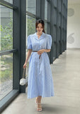 Mayning Collar Puff Stripe Shirt One Piece (Belt Set)