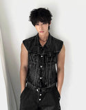 Multi-Pocket Metal Semi Crop Sleeveless Denim Jacket