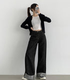 Non-Fade Raw Roll-Up Embroidery Detail Wide Fit Denim Pants