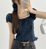 [Scrunchie Set] Dot Color Matching Lace Dot Pattern Puff Short Sleeve Blouse