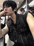 Multi-Pocket Metal Semi Crop Sleeveless Denim Jacket