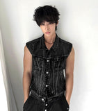 Multi-Pocket Metal Semi Crop Sleeveless Denim Jacket