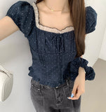 [Scrunchie Set] Dot Color Matching Lace Dot Pattern Puff Short Sleeve Blouse