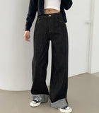 Non-Fade Raw Roll-Up Embroidery Detail Wide Fit Denim Pants