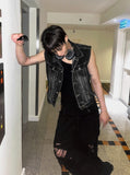 Multi-Pocket Metal Semi Crop Sleeveless Denim Jacket