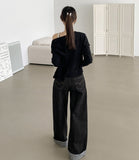 Non-Fade Raw Roll-Up Embroidery Detail Wide Fit Denim Pants