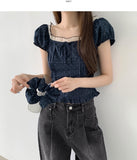 [Scrunchie Set] Dot Color Matching Lace Dot Pattern Puff Short Sleeve Blouse