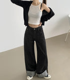 Non-Fade Raw Roll-Up Embroidery Detail Wide Fit Denim Pants