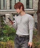 Kanden Ribbed Henley Neck Slim Long Sleeve T-shirt