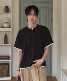 Harnel Layered Ribbed Henley Neck Short Sleeve T-shirt
