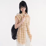 Rough crop sleeveless snap check shirt
