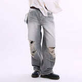 Gravel distressed wide denim pants