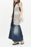 Fringe washing maxi cut denim skirt