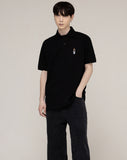 Cropped Dog Embroidery Striper Clip Pique Short Sleeve T-Shirt