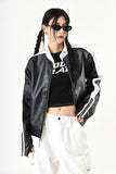 Neck snap button biker leather jacket
