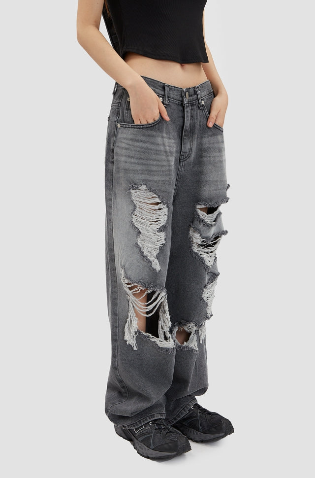 Raucohouse(ラウコハウス) - Gray brush destroyed wide denim pants