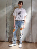 SUEDE PATCH DESTROYED DENIM PANTS