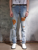 SUEDE PATCH DESTROYED DENIM PANTS