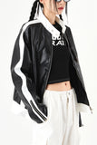 Neck snap button biker leather jacket