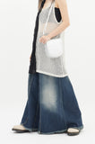 Fringe washing maxi cut denim skirt