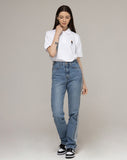 Cropped Dog Embroidery Striper Clip Pique Short Sleeve T-Shirt
