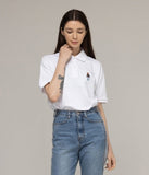 Cropped Dog Embroidery Striper Clip Pique Short Sleeve T-Shirt