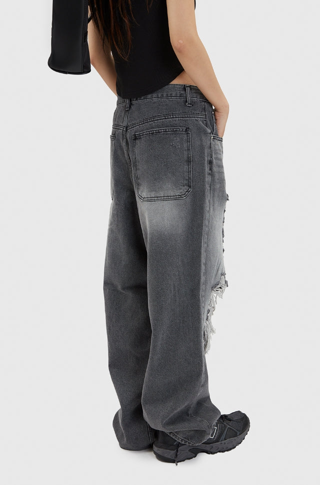 Gray brush destroyed wide denim pants