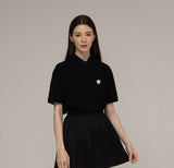 Drawing Flower Embroidery White Clip Pique Short Sleeve T-shirt