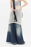 Fringe washing maxi cut denim skirt