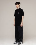 Cropped Dog Embroidery Striper Clip Pique Short Sleeve T-Shirt