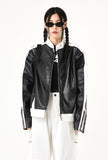 Neck snap button biker leather jacket